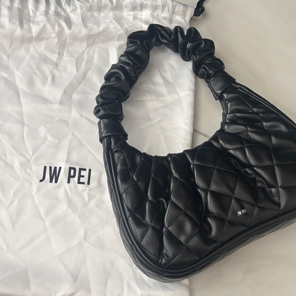 black JW PEI Gabbi Rhombus Ruched Quilted Faux Leather Handbag.